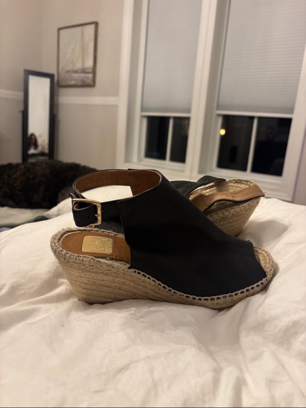 kanna Black Leather Espadrille Wedge Sandals